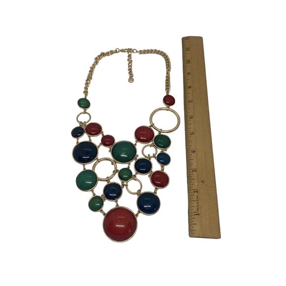 Fabulous Fashion 15” Gold Chain Necklace & Earrings Red Green Blue Disc Bib USA - Picture 11 of 16